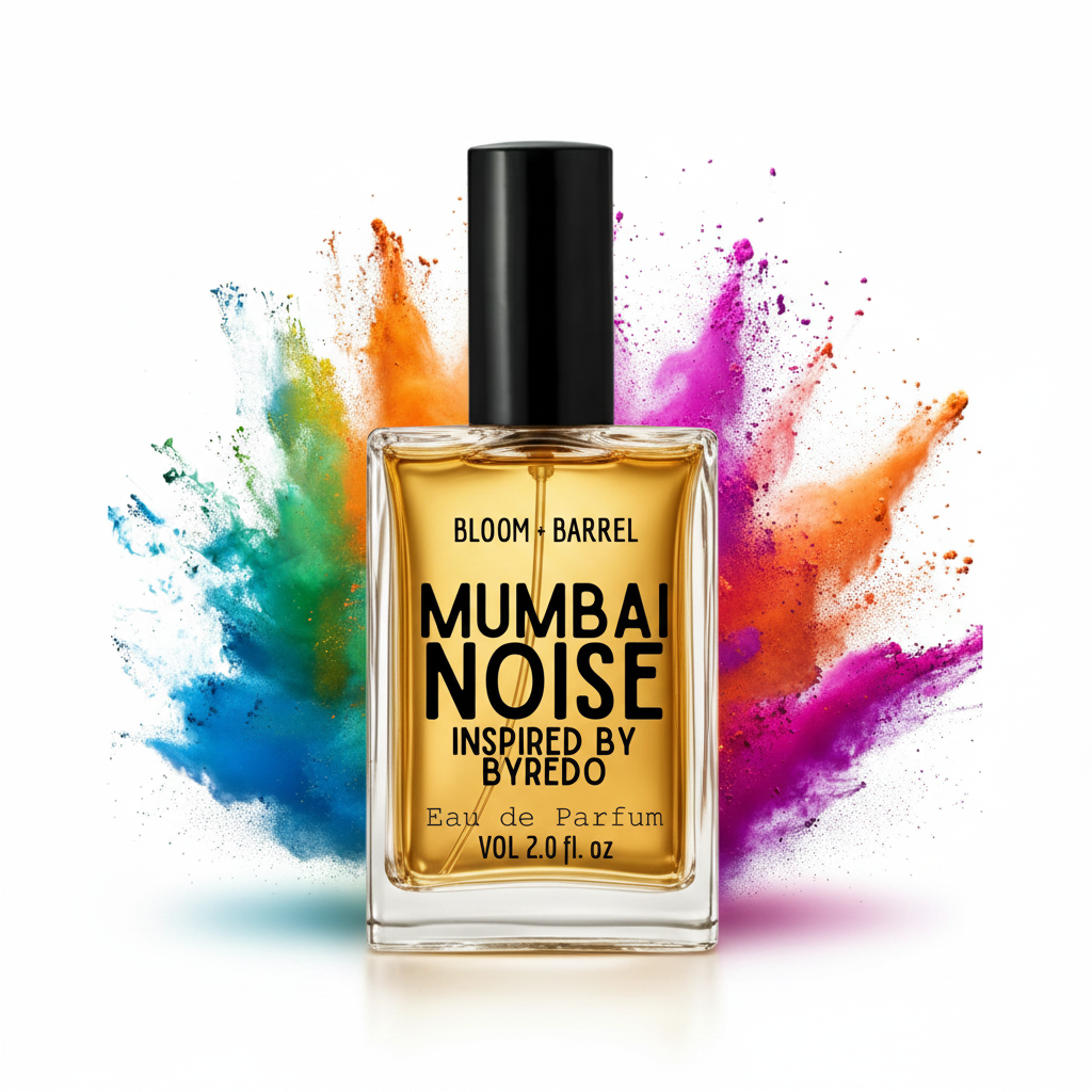 A rectangular glass perfume bottle with a black cap and a black label reading 'MUMBAI NOISE INSPIRED BY BYREDO' and 'BLOOM + BARREL', filled with a golden liquid. The bottle is centered on a white background with colorful paint splashes in blue, green, orange, and purple behind it.