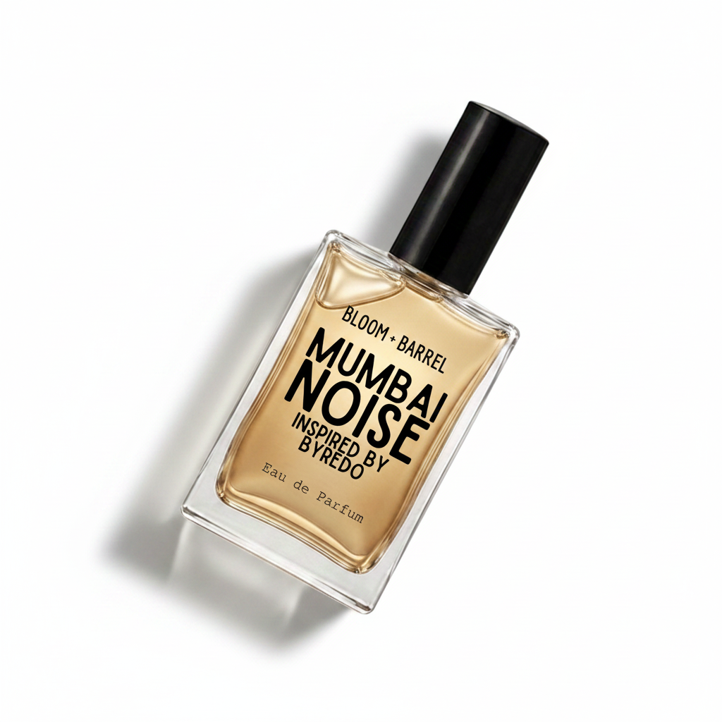 A rectangular glass bottle of Mumbai Noise Eau de Parfum with a black cap, filled with amber-colored liquid, on a solid white background.