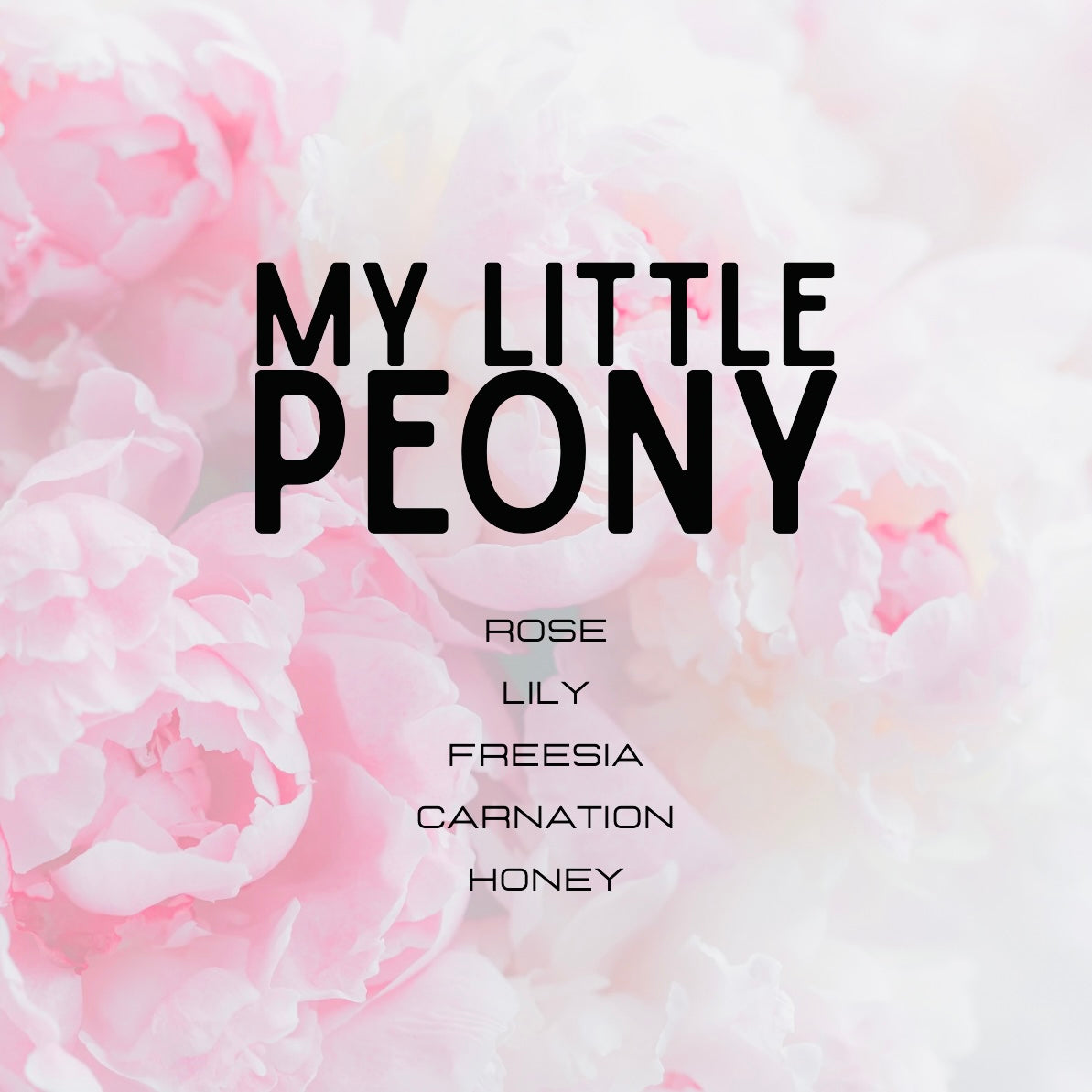 Pink peony flowers with 'My Little Peony' text and flower names below on a light pink background.