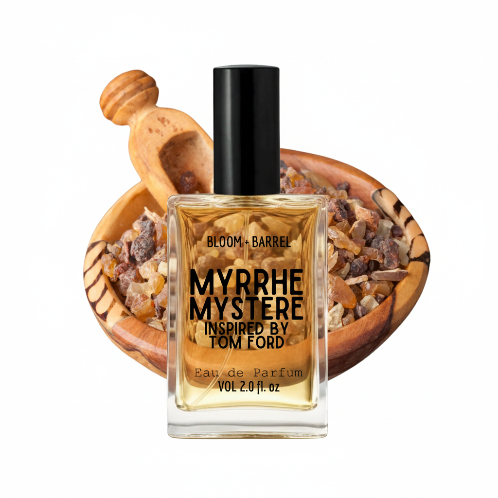 A bottle of Bloom + Barrel Myrrhe Mystere Eau de Parfum, inspired by Tom Ford, shown in front of a wooden bowl filled with dried botanicals. The bottle has a black cap and a clear glass body showing the golden-amber liquid inside.