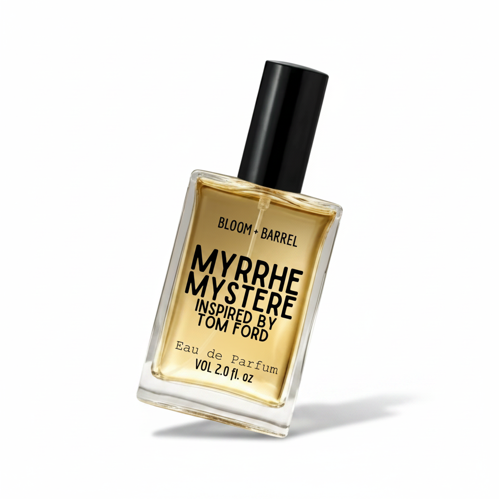 Perfume bottle labeled 'myrrhe mystere' by Bloom & Barrel on a white background