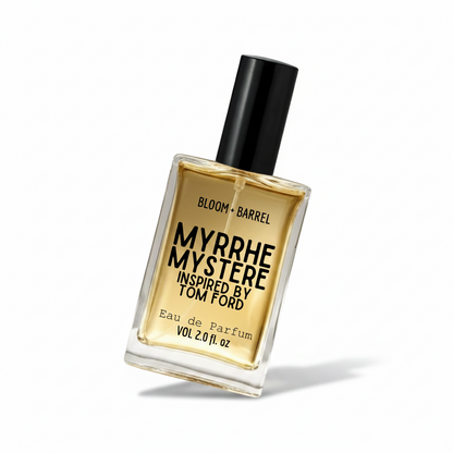 Perfume bottle labeled 'myrrhe mystere' by Bloom & Barrel on a white background