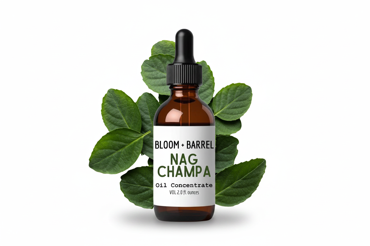 Bottle of Bloom + Barrel Nag Champa oil concentrate with green leaves on a white background
