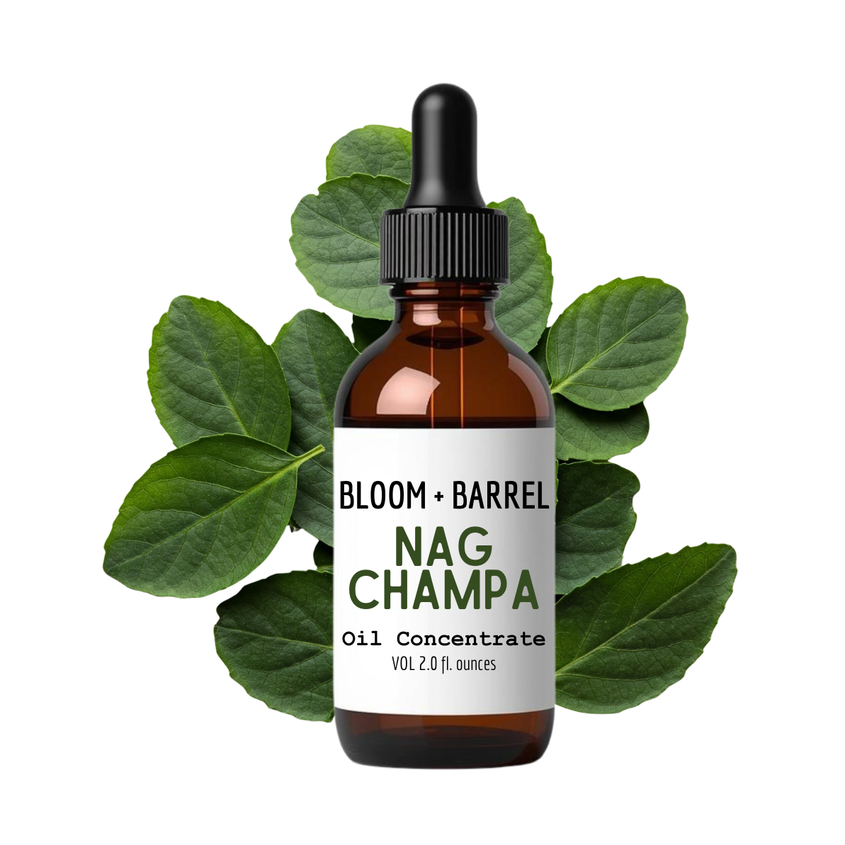Bottle of Bloom + Barrel Nag Champa oil concentrate with green leaves on a white background