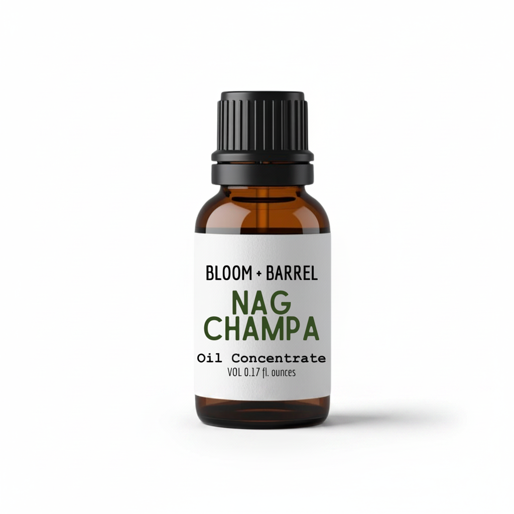 Bottle of Nag Champa oil concentrate with 'Bloom + Barrel' label on a white background