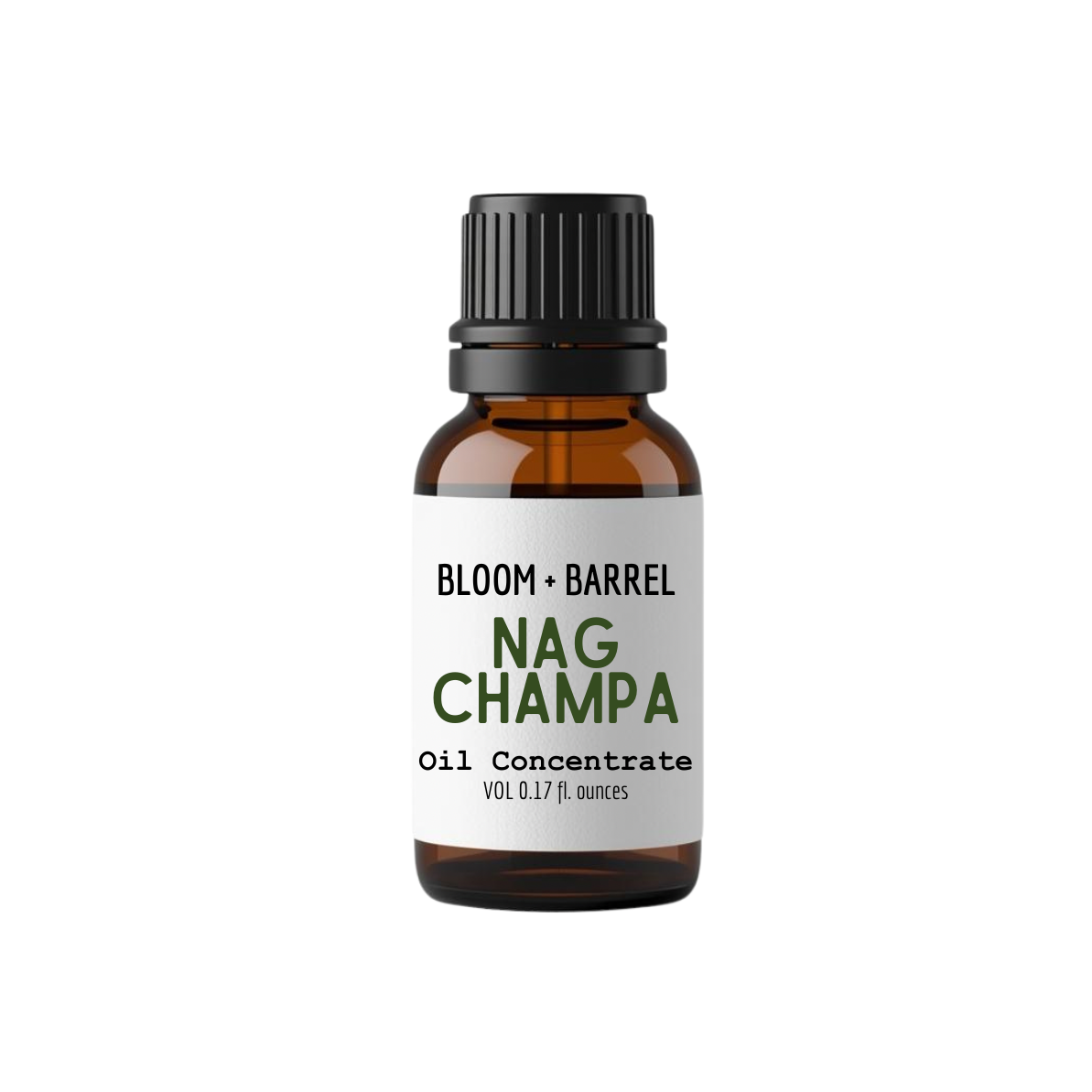 Bottle of Nag Champa oil concentrate with 'Bloom + Barrel' label on a white background