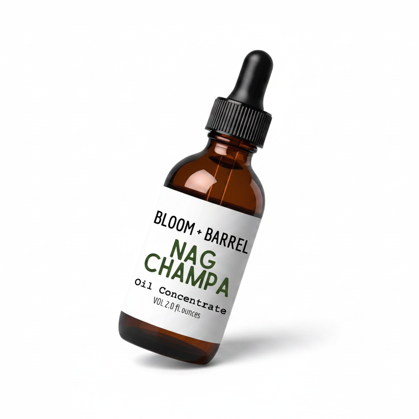 Bottle of Bloom + Barrel Nag Champa oil concentrate on a white background