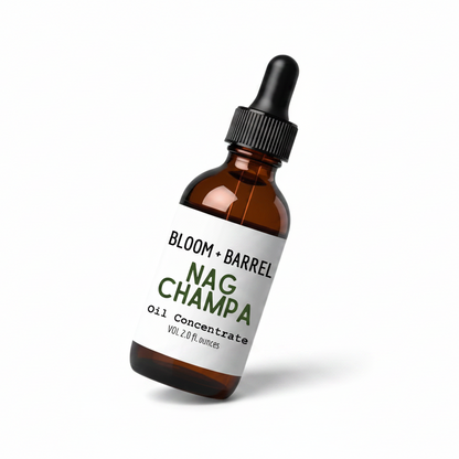 Bottle of Bloom + Barrel Nag Champa oil concentrate on a white background