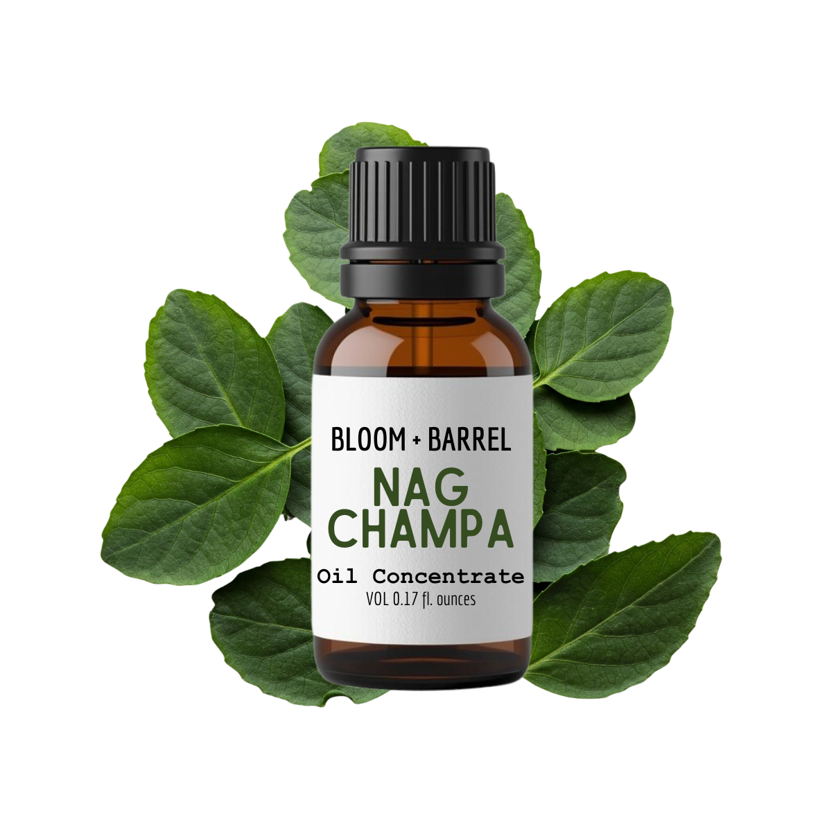 Bottle of Bloom & Barrel Nag Champa oil concentrate surrounded by green leaves on a white background