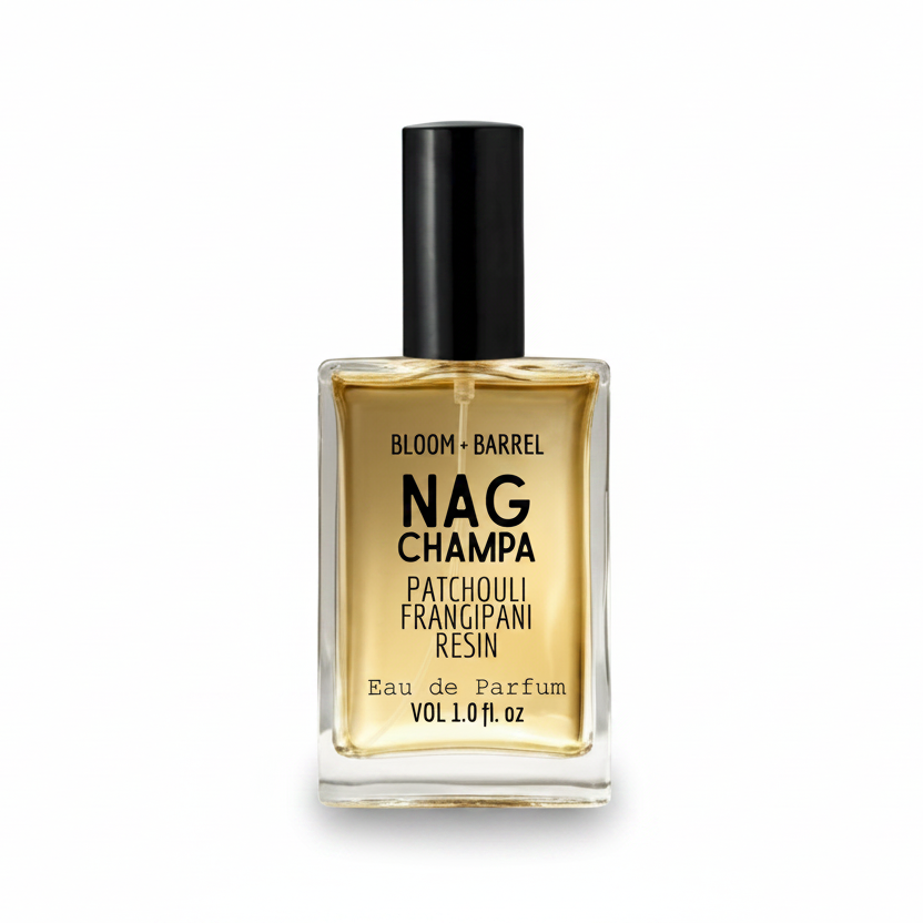 Perfume bottle labeled 'Nag Champa' by Bloom & Barrel on a white background