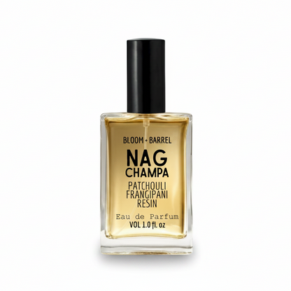 Perfume bottle labeled 'Nag Champa' by Bloom & Barrel on a white background