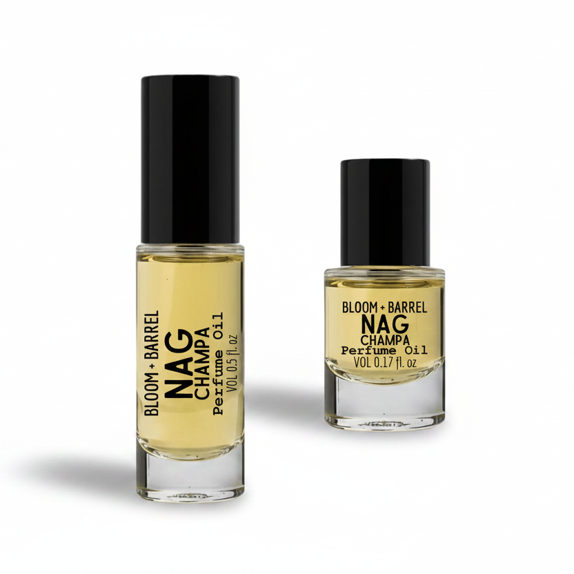 Two bottles of Bloom & Barrel Nag Champa perfume oil on a white background