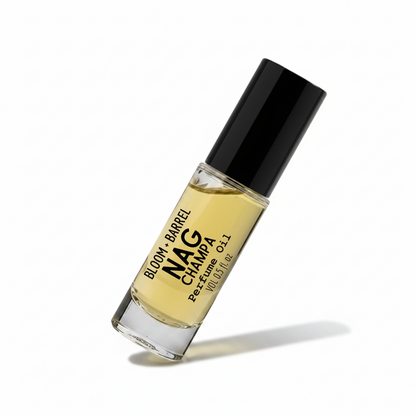 Perfume bottle labeled 'Bloom & Barrel Nag Champa' on a white background