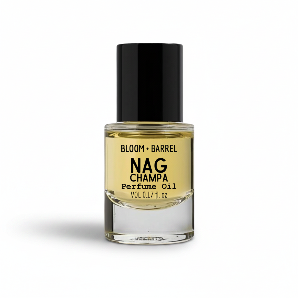 Bottle of Bloom & Barrel Nag Champa perfume oil on a white background