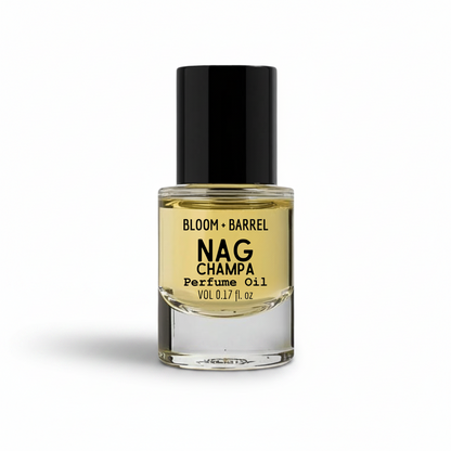 Bottle of Bloom & Barrel Nag Champa perfume oil on a white background