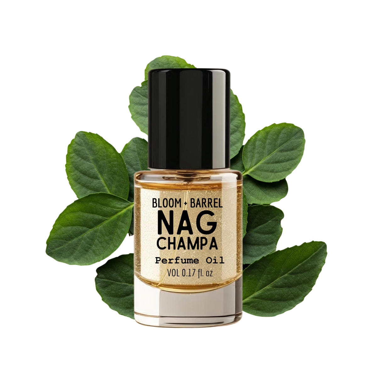 Bottle of Bloom & Barrel Nag Champa perfume oil with green leaves on a white background