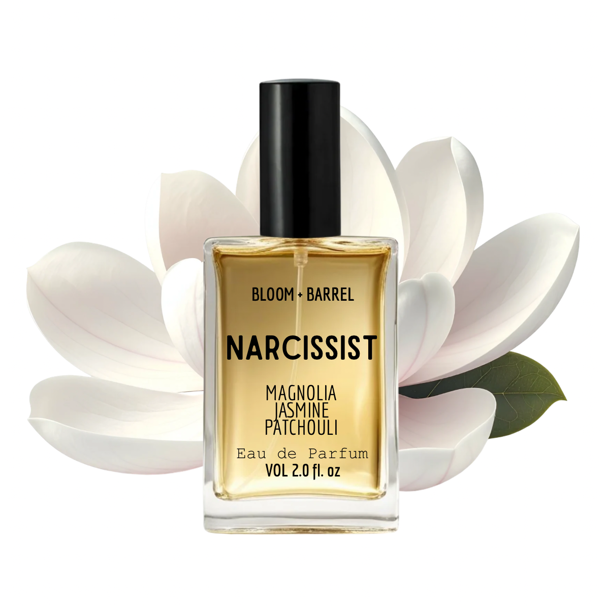 A bottle of Narcissist Magnolia Jasmine Patchouli Eau de Parfum by Bloom + Barrel, featuring a clear glass bottle with golden-amber liquid, a black cap, and bold black lettering. The bottle is centered against a white background with large white magnolia flower petals behind it.