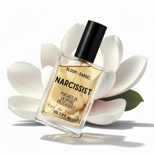 A bottle of Narcissist Magnolia Jasmine Patchouli Eau de Parfum by Bloom + Barrel, featuring a clear glass bottle with golden-amber liquid, a black cap, and bold black lettering. The bottle is centered against a white background with large white magnolia flower petals behind it.