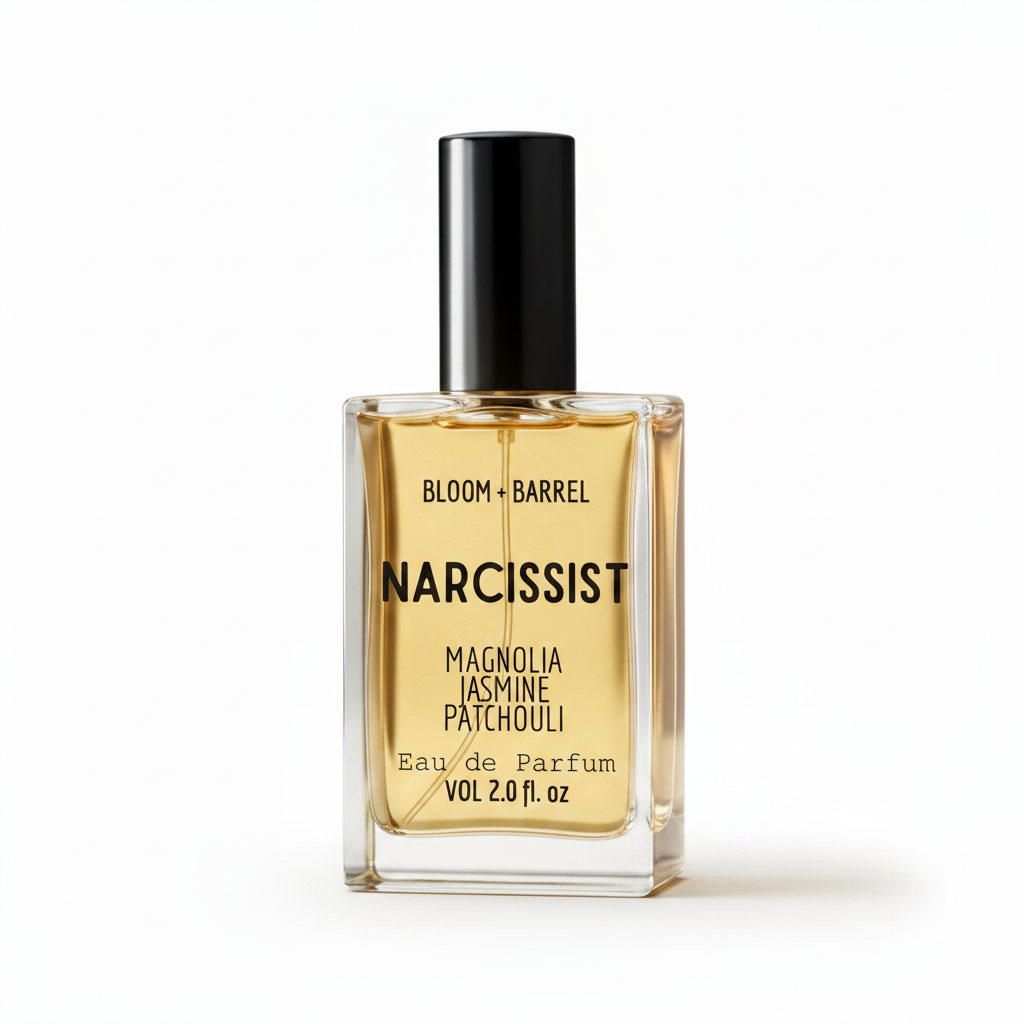 Perfume bottle labeled 'narcissist' by Bloom & Barrel on a white background