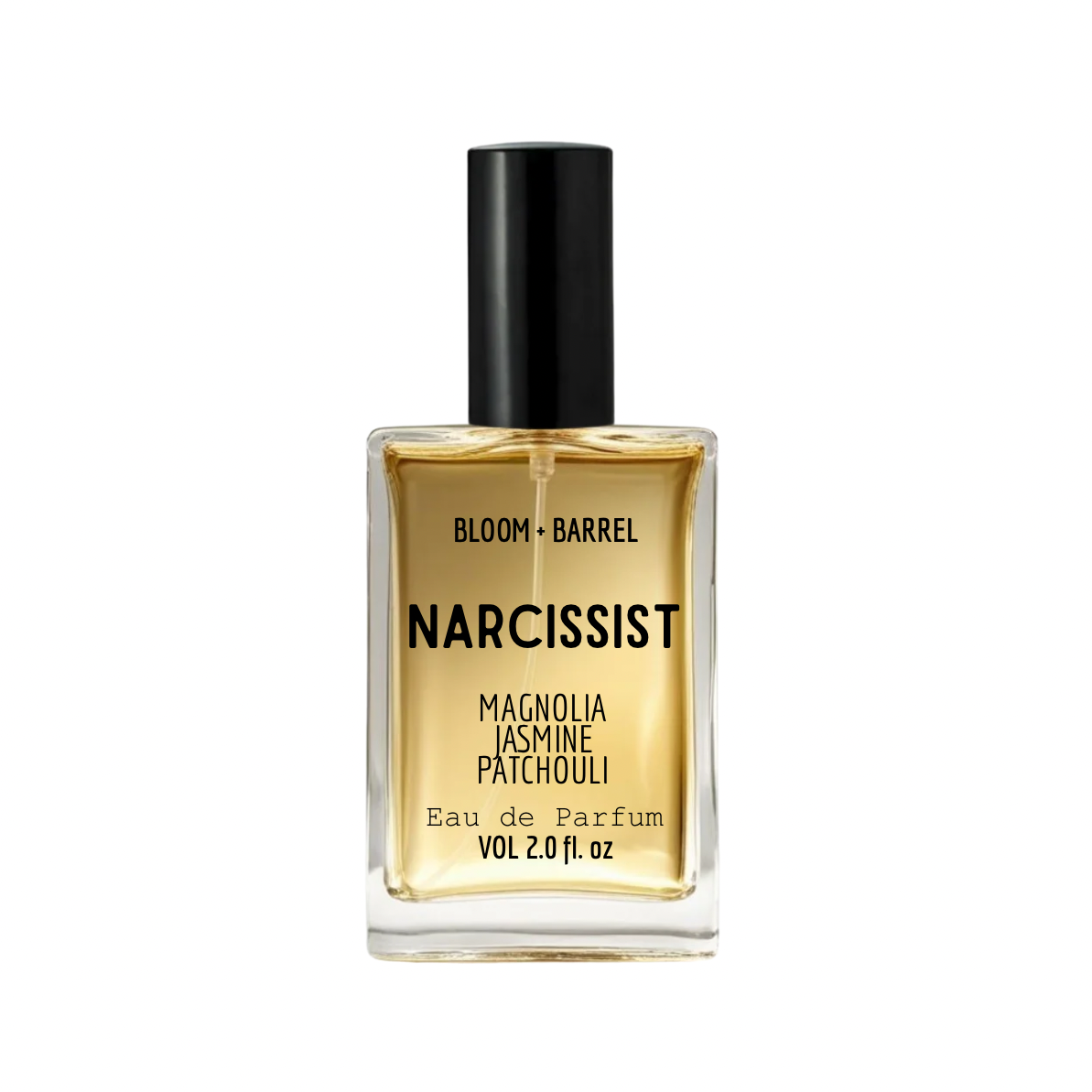 Perfume bottle labeled 'narcissist' by Bloom & Barrel on a white background