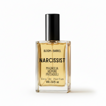 Perfume bottle labeled 'narcissist' by Bloom & Barrel on a white background