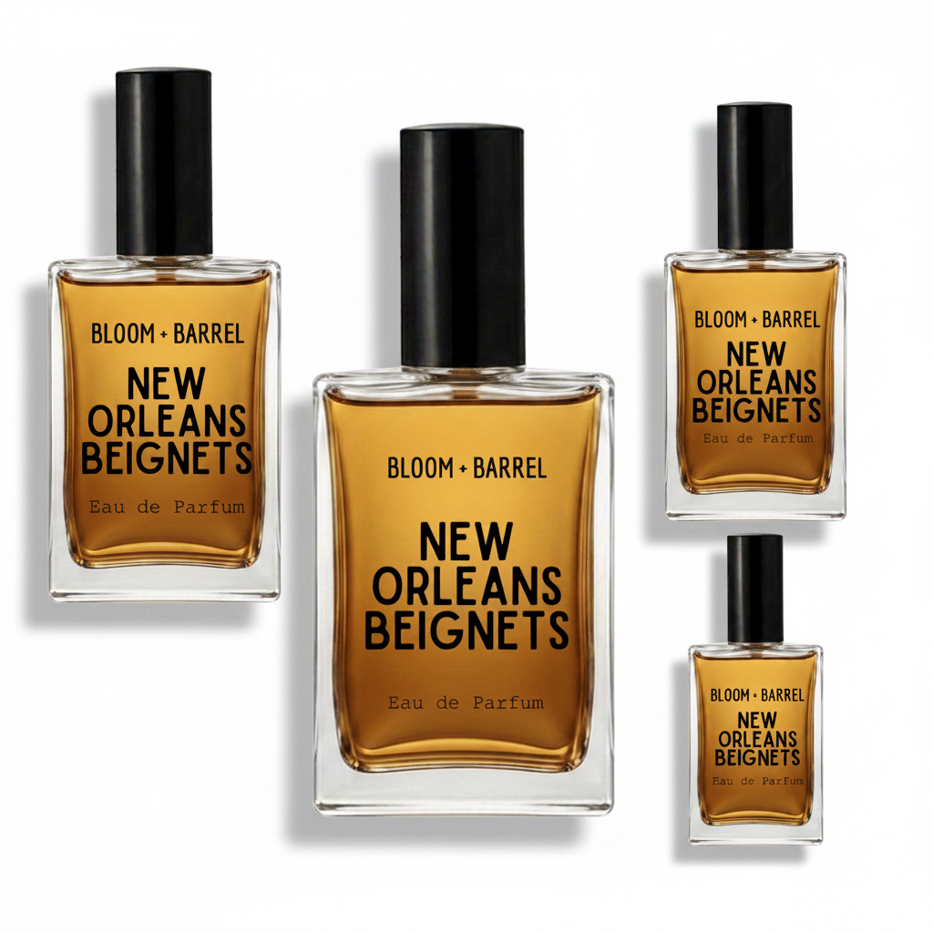Four glass bottles of Bloom + Barrel New Orleans Beignets Eau de Parfum in different sizes, arranged on a plain white background.