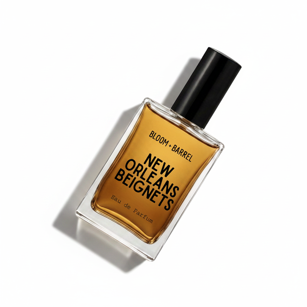 A rectangular glass bottle of Bloom Barrel New Orleans Beignets Eau de Parfum with amber-colored liquid, a black cap, and black text on the front, set against a plain white background.