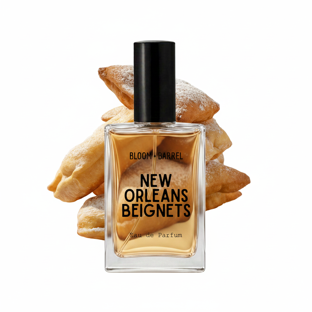 A rectangular glass perfume bottle with a black cap and amber liquid, labeled 'BLOOM • BARREL NEW ORLEANS BEIGNETS Eau de Parfum', centered in front of a pile of powdered pastries on a white background.