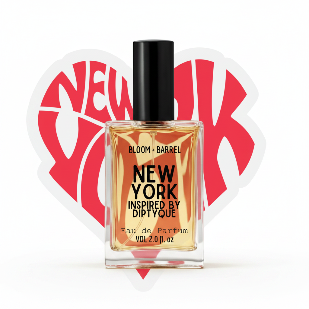 A bottle of Bloom + Barrel New York Inspired By Diptyque Eau de Parfum with a black cap and clear glass showing golden liquid, centered in front of a red heart-shaped New York graphic on a white background.