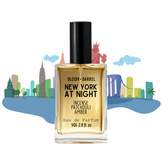 Perfume bottle labeled 'NEW YORK' by Bloom & Barrel on a white background