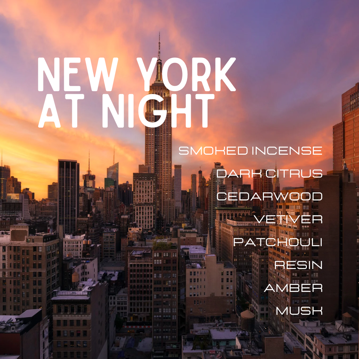 Cityscape of New York at night with text overlay and product description.