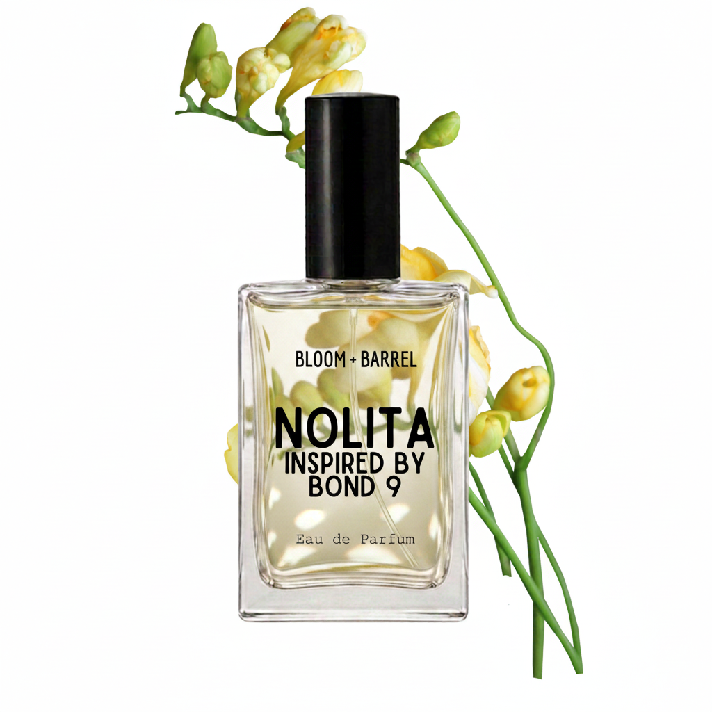 A rectangular glass perfume bottle with a black cap and a cream-colored label reading 'BLOOM • BARREL NOLITA INSPIRED BY BOND 9 Eau de Parfum', styled with yellow flower buds on a white background.