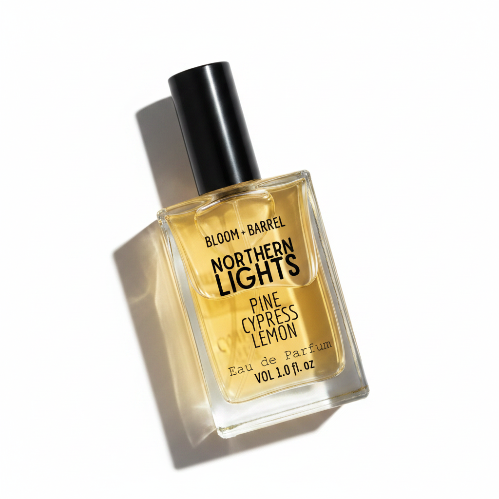 Perfume bottle labeled 'Northern Lights' by Bloom & Barrel on a white background