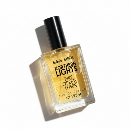 Perfume bottle labeled 'Northern Lights' by Bloom & Barrel on a white background