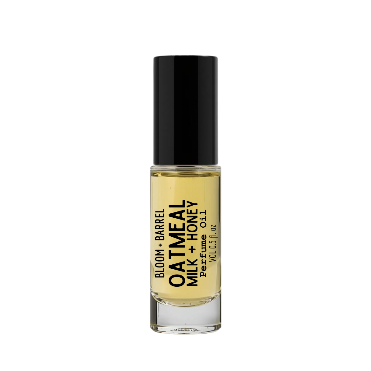 Perfume bottle labeled 'Oatmeal Milk + Honey' by Bloom & Barrel on a white background