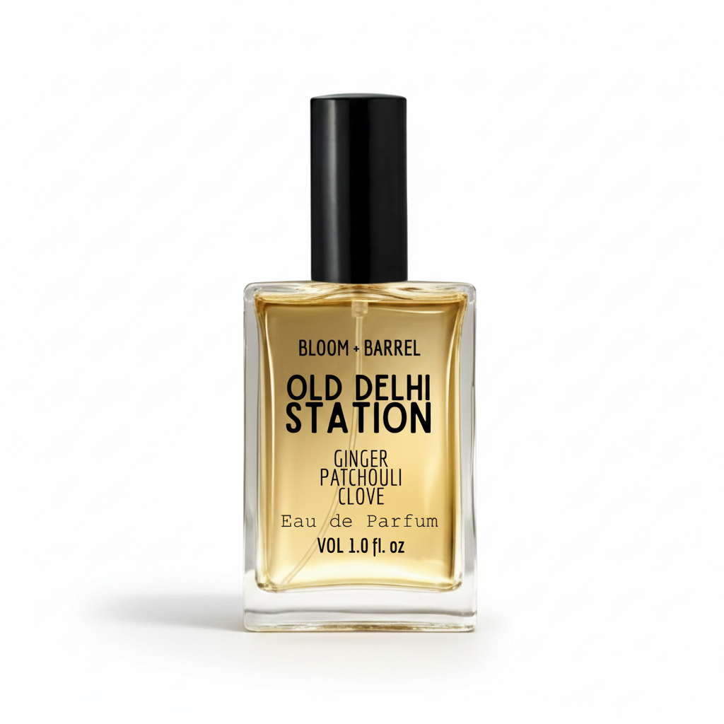 Perfume bottle labeled 'Old Delhi Station' by Bloom & Barrel on a white background