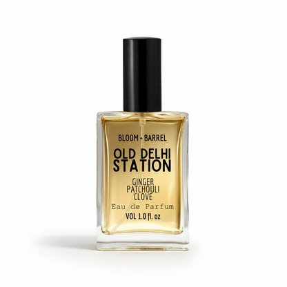Perfume bottle labeled 'Old Delhi Station' by Bloom & Barrel on a white background