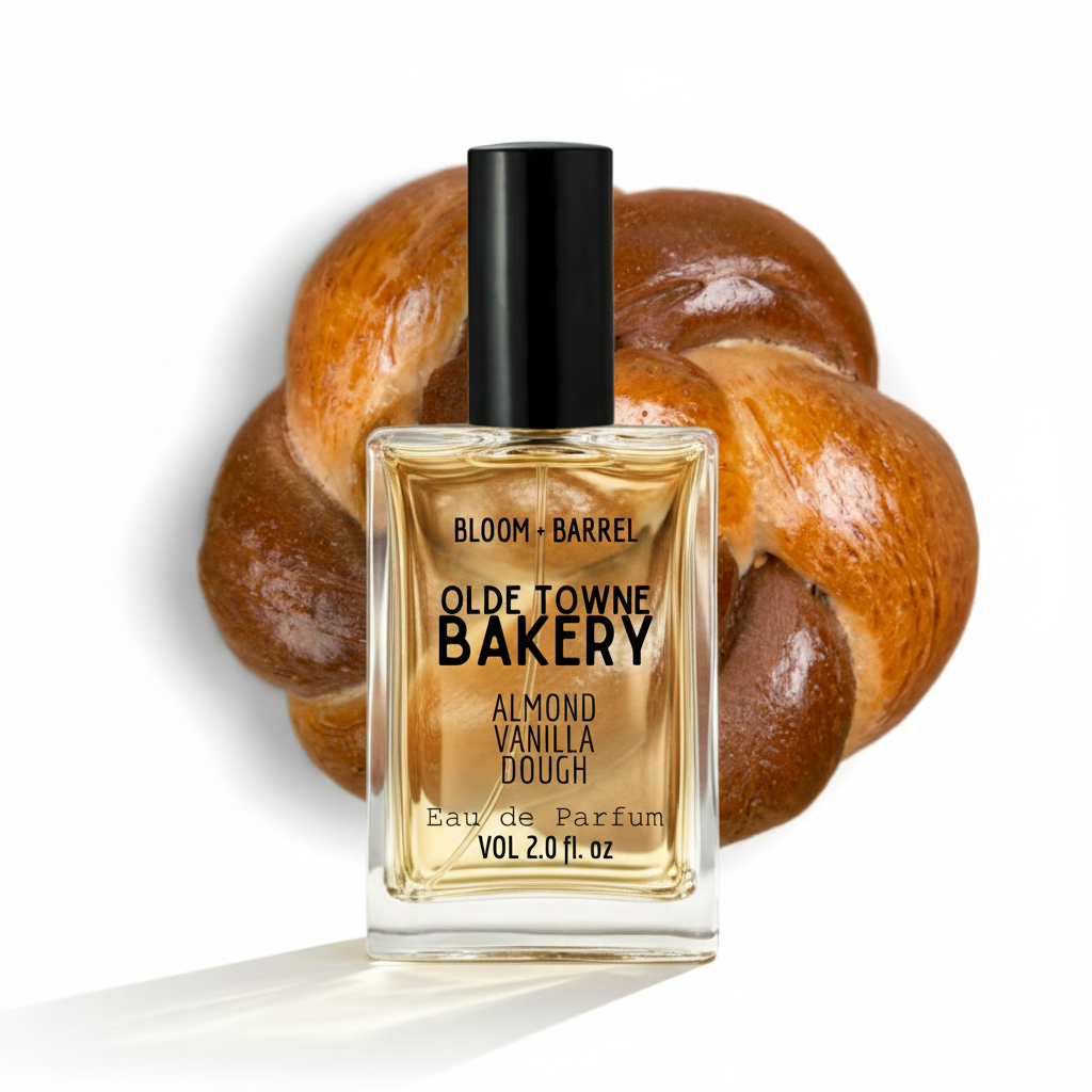 Perfume bottle labeled 'Olde Towne Bakery' with a loaf of bread in the background