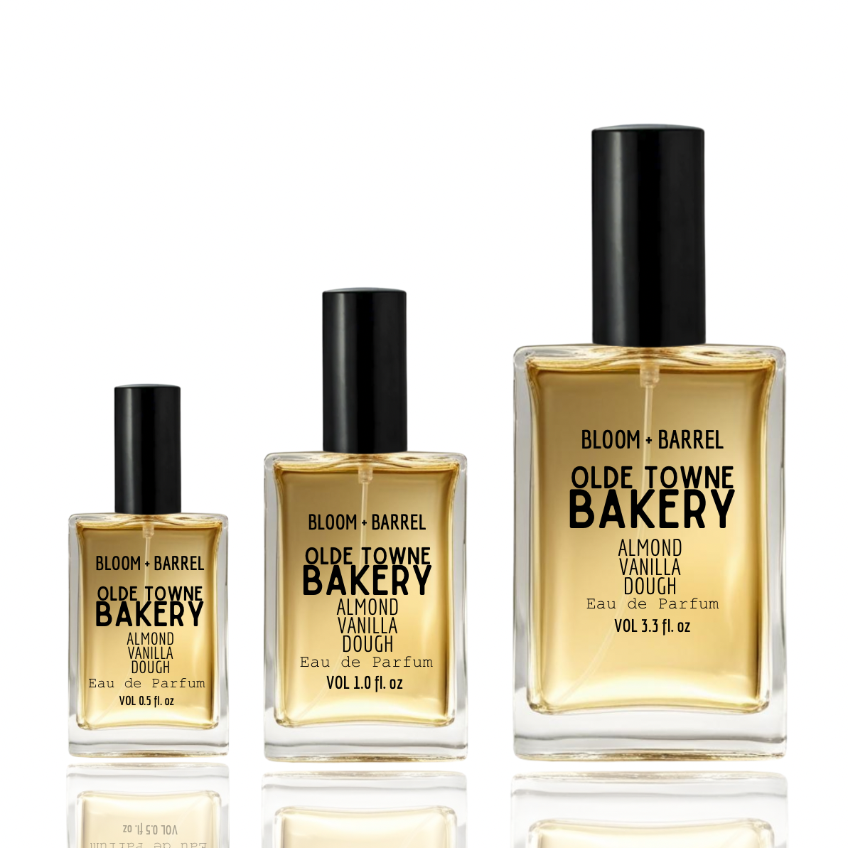 Three bottles of Bloom & Barrel Olde Towne Bakery Almond Vanilla Dough perfume on a white background