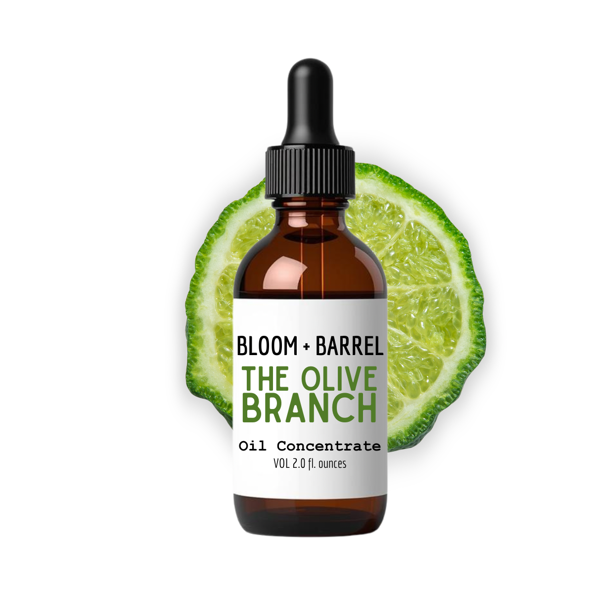 Bottle of 'The Olive Branch' oil concentrate by Bloom + Barrel on a white background with an olive slice.