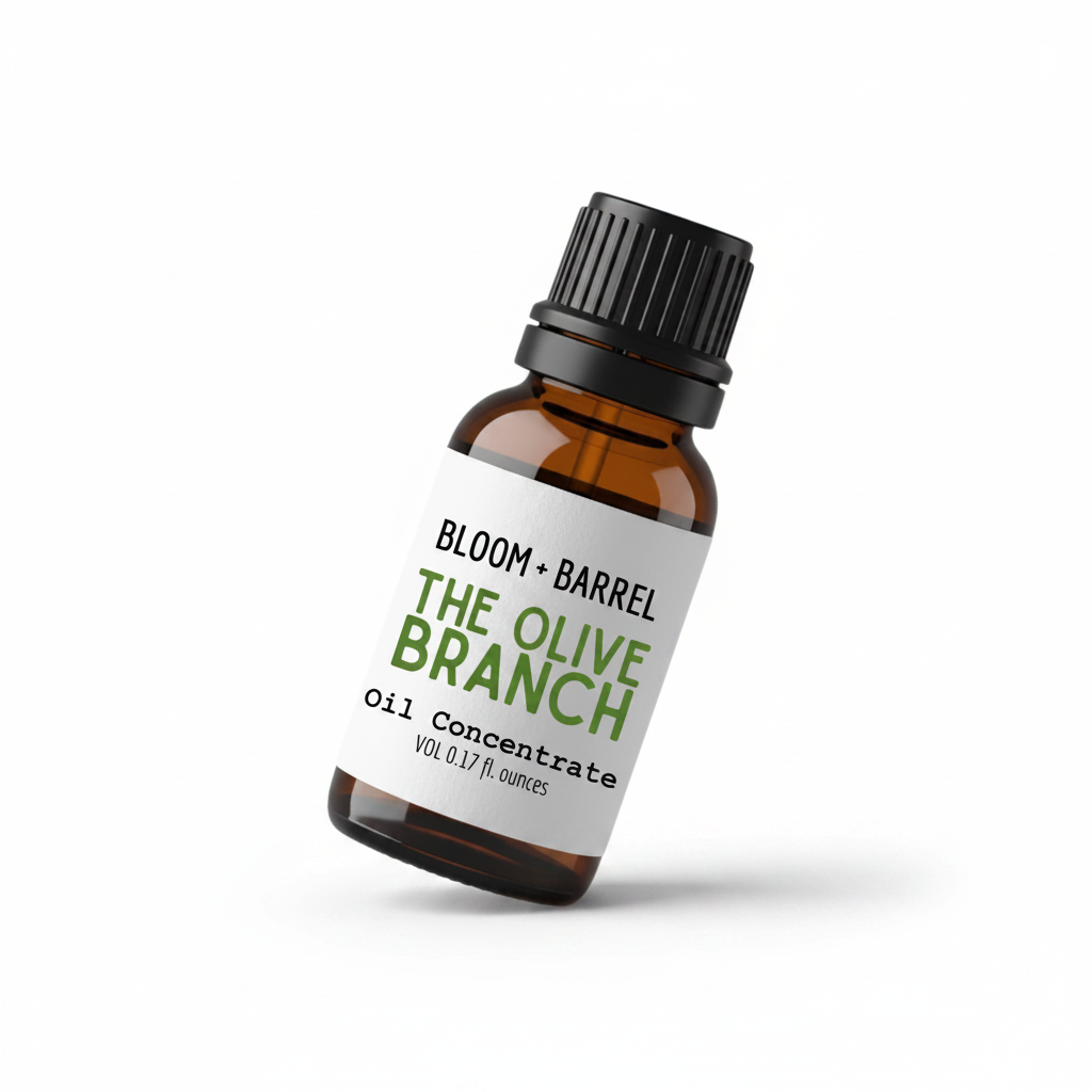 Bottle of 'The Olive Branch' oil concentrate by Bloom & Barrel on a white background
