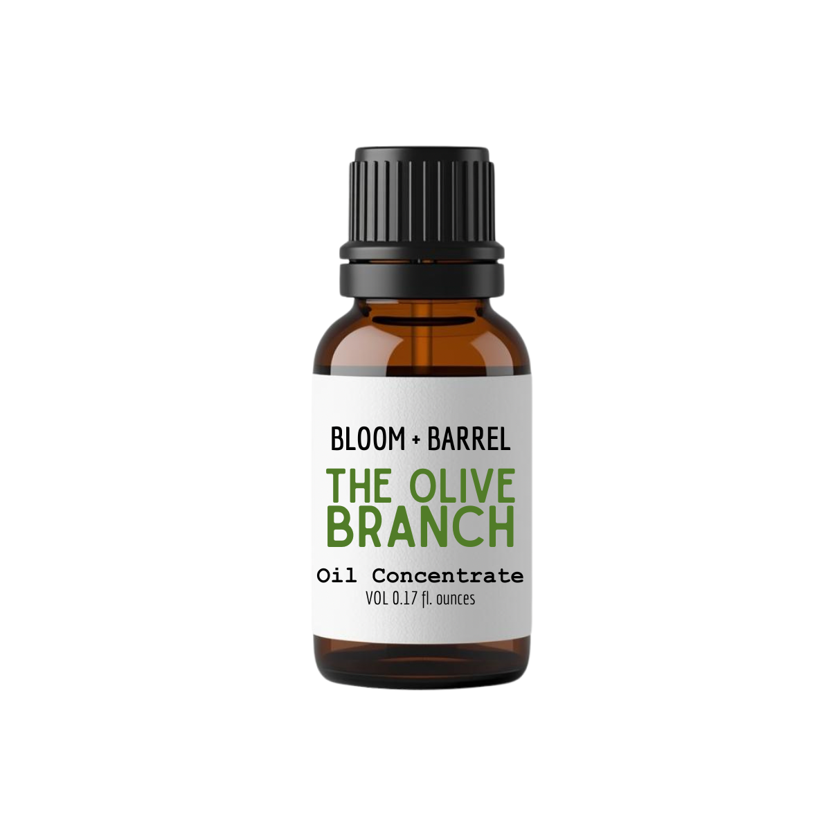 Bottle of 'The Olive Branch' oil concentrate by Bloom & Barrel on a white background