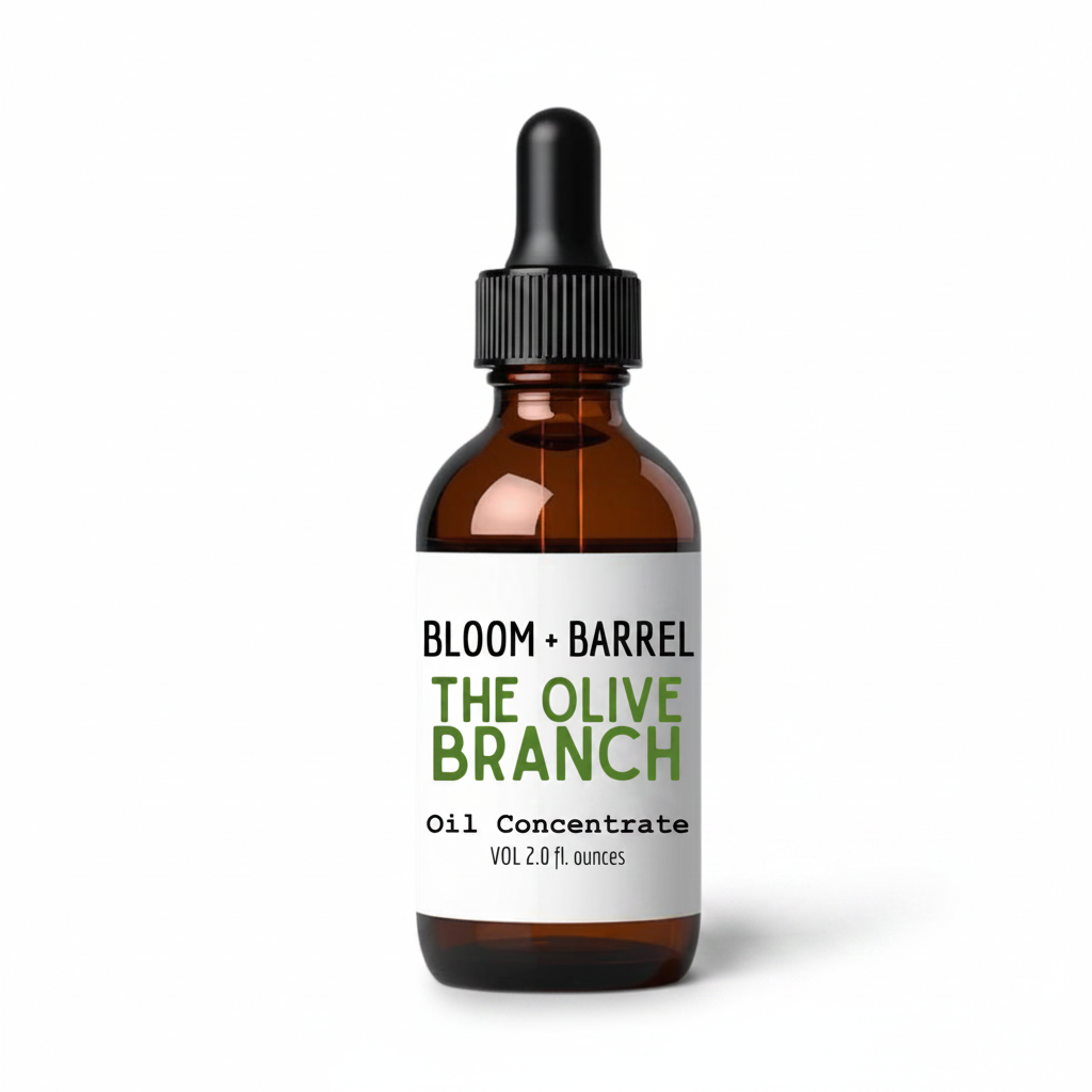 Bottle of Bloom + Barrel The Olive Branch Oil Concentrate on a white background