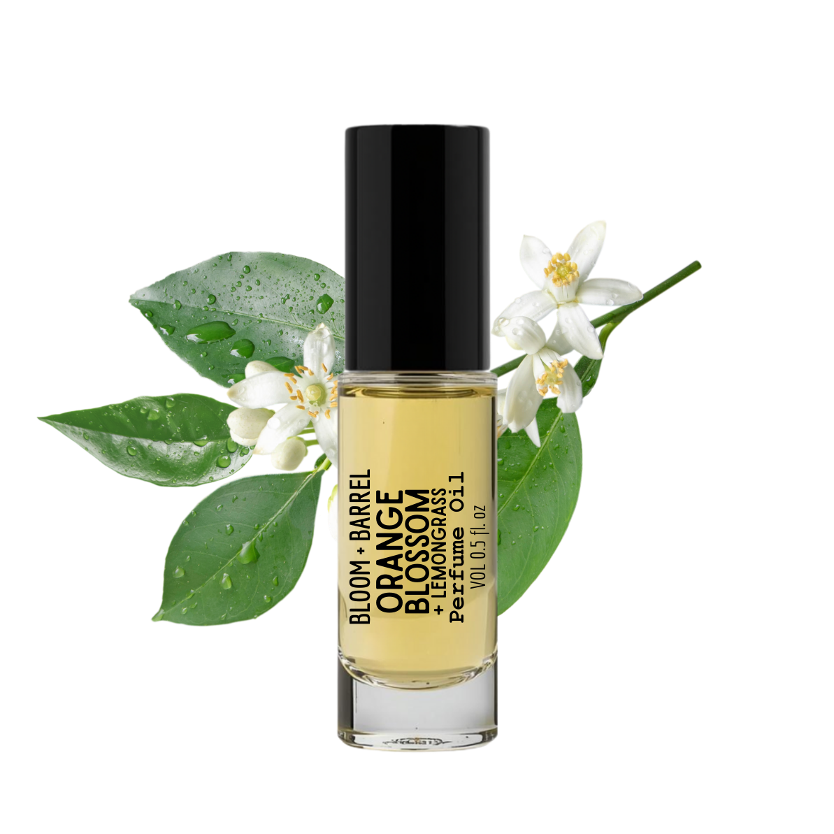 Perfume bottle with orange blossom flowers and leaves on a white background