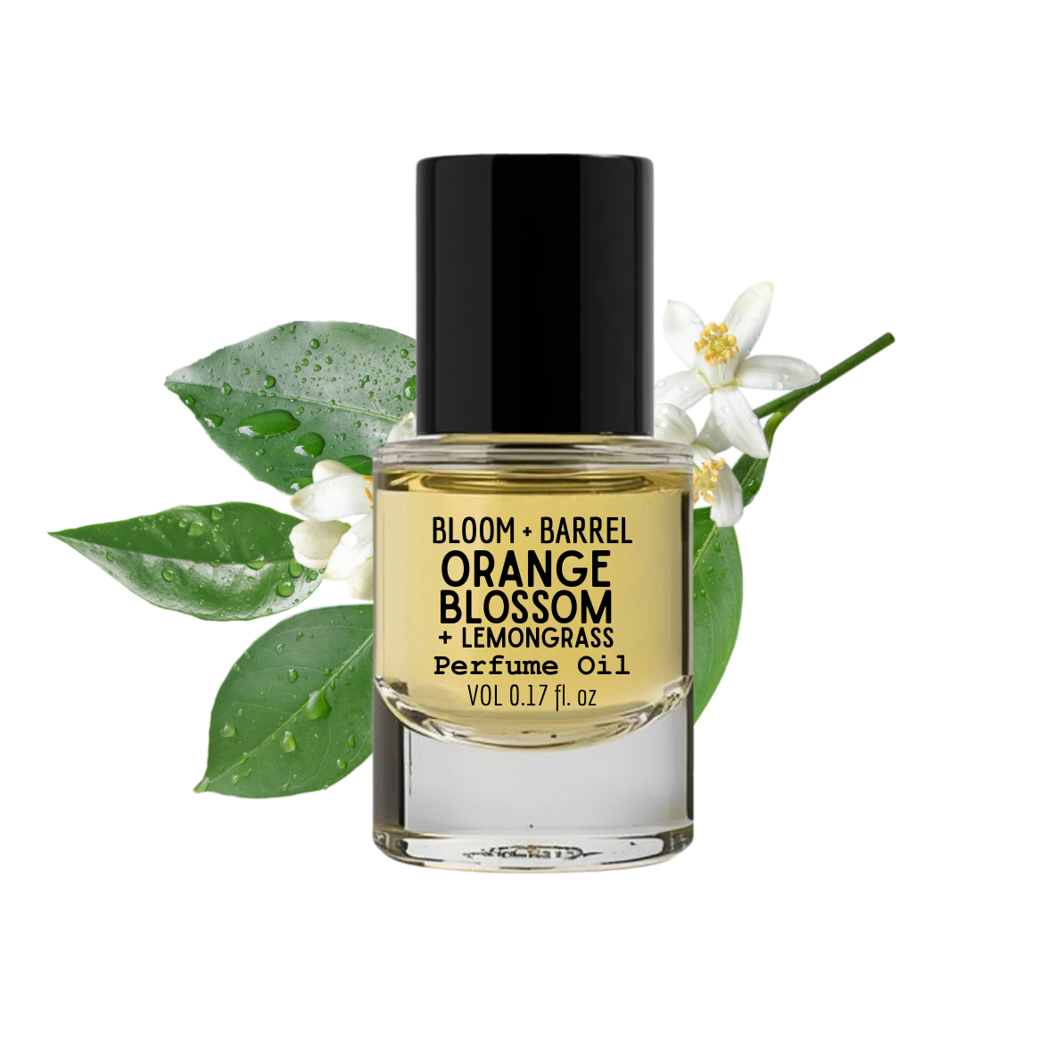Perfume oil bottle labeled 'Bloom Barrel Orange Blossom Lemongrass' with floral elements on a white background