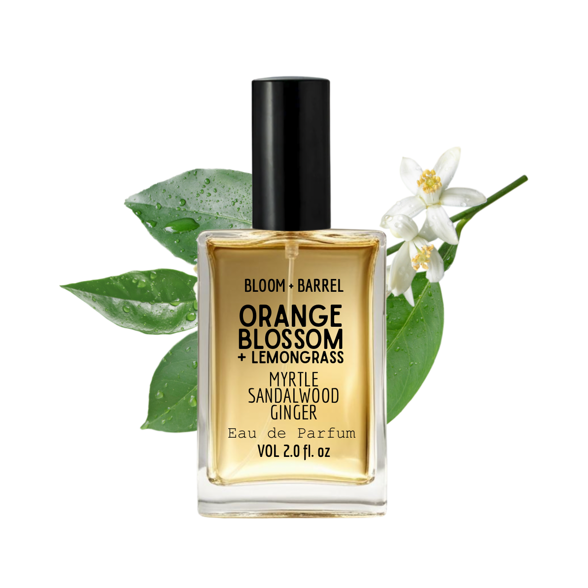 Perfume bottle labeled 'Orange Blossom + Lemongrass' with floral elements on a white background
