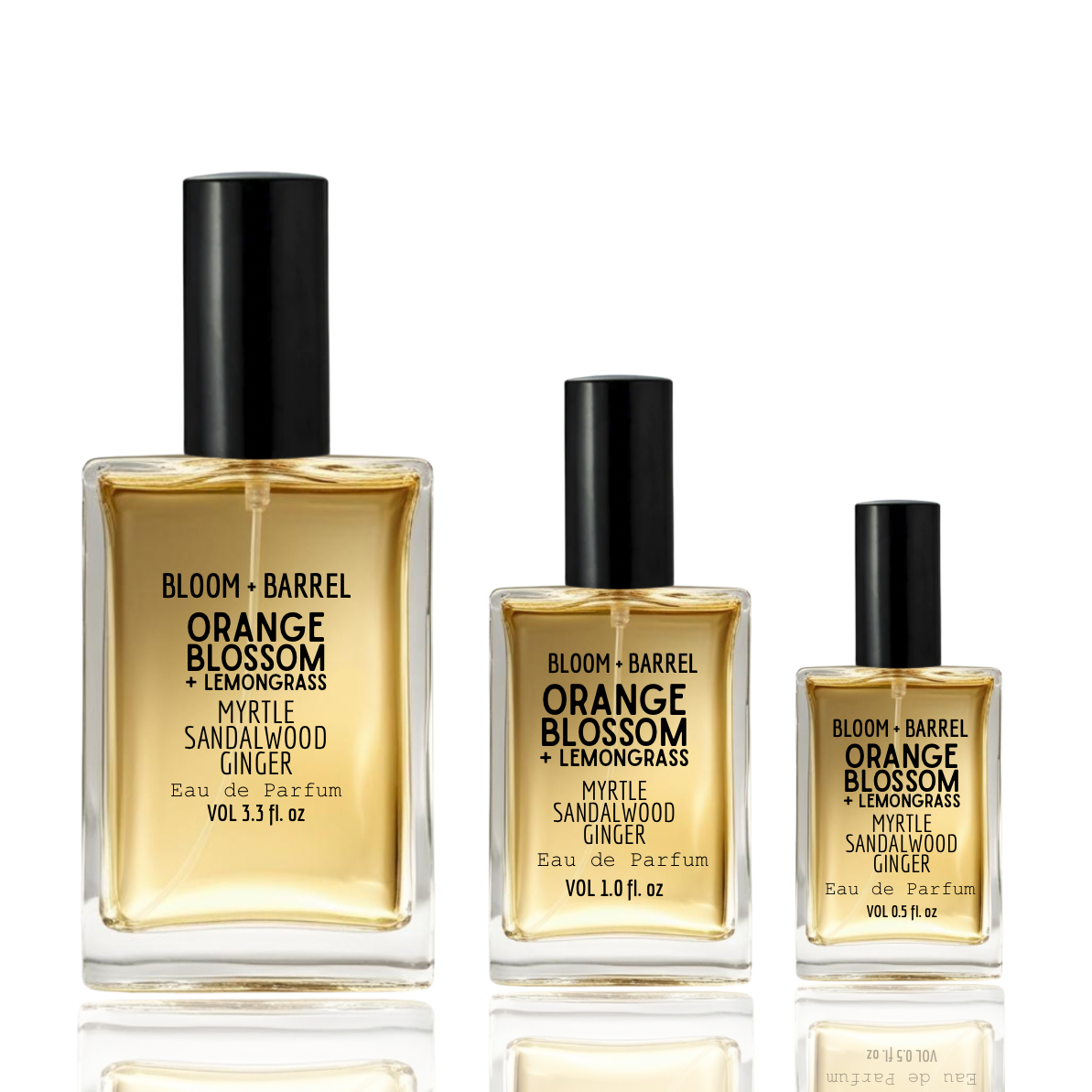 Three bottles of Bloom & Barrel Orange Blossom + Lemongrass perfume on a white background