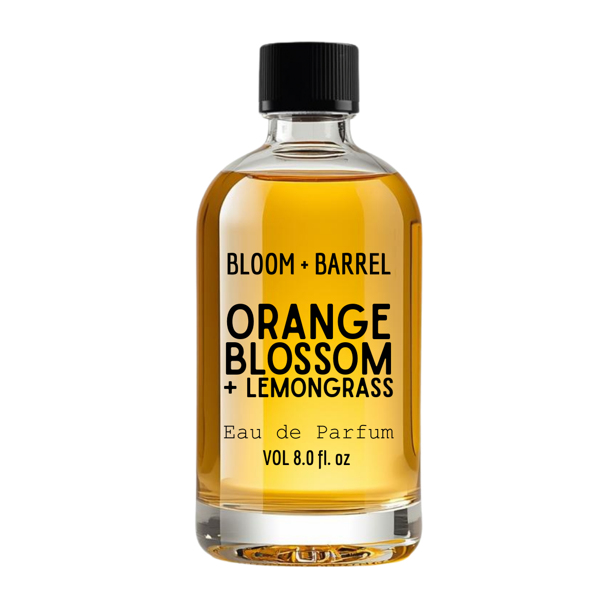 Bottle of Bloom + Barrel Orange Blossom + Lemongrass eau de parfum on a white background