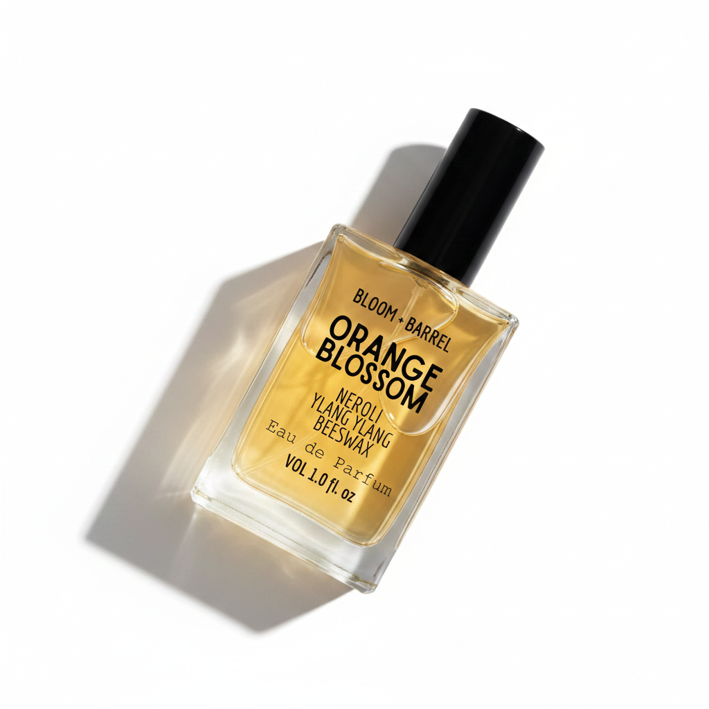 Perfume bottle labeled 'Orange Blossom' by Bloom & Barrel on a white background