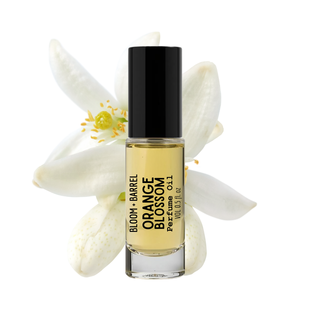 Perfume bottle labeled 'Orange Blossom' with flowers on a white background